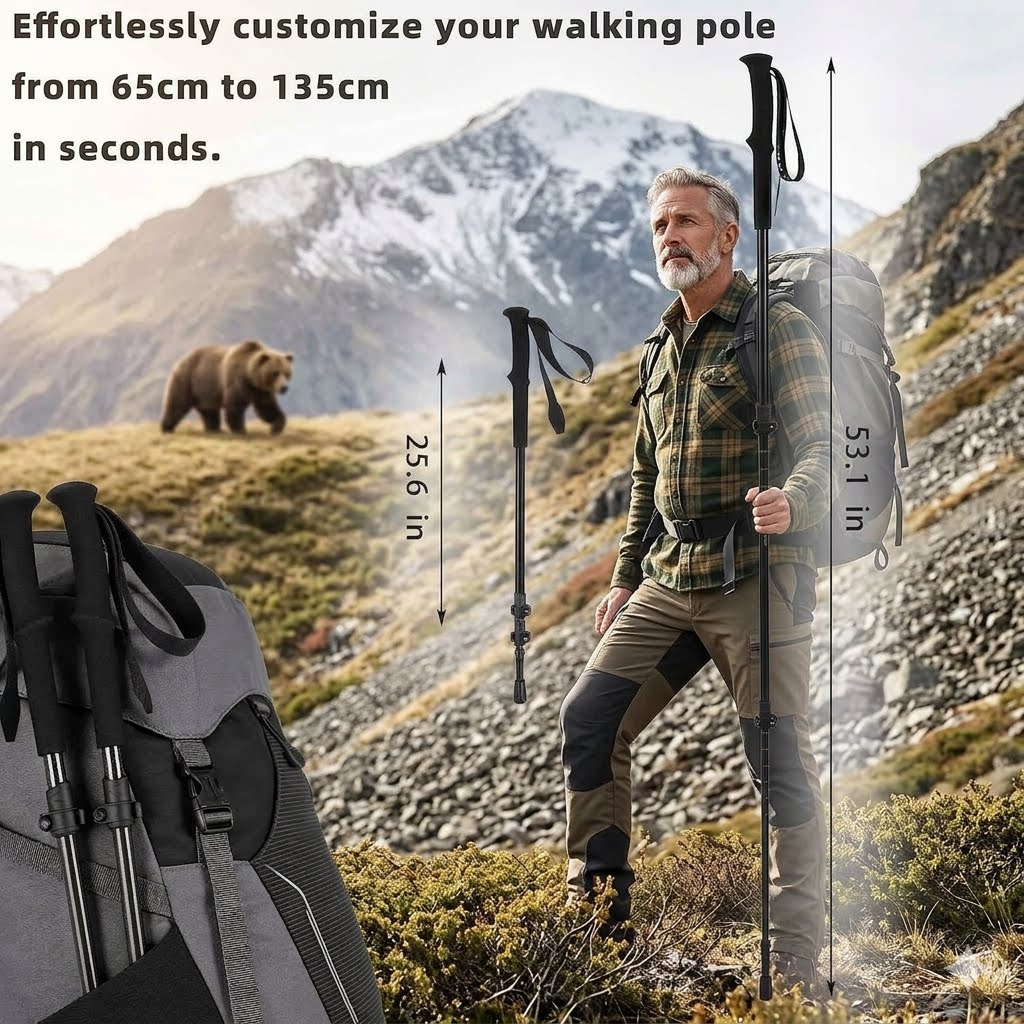 A hiking scene in a mountainous outdoor environment with a man wearing a backpack and holding a walking pole, alongside a close-up of the backpack with folding walking poles. Text overlays show pole and backpack dimensions in inches, and a bear is visible in the background.