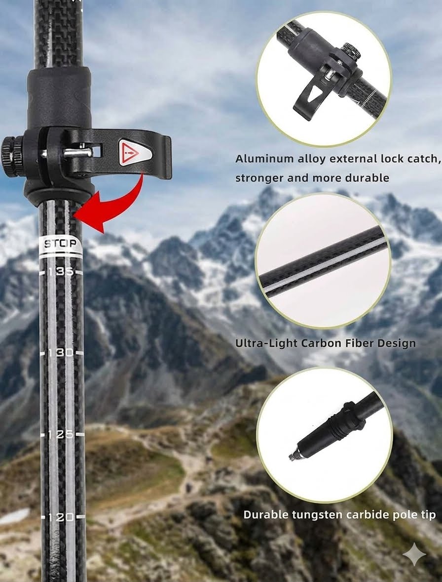 Carbon fiber hiking pole with black lock mechanism and measurement markings, shown over a mountain background with three circular feature callouts and text describing durability, lightweight carbon fiber design, and durable tip.