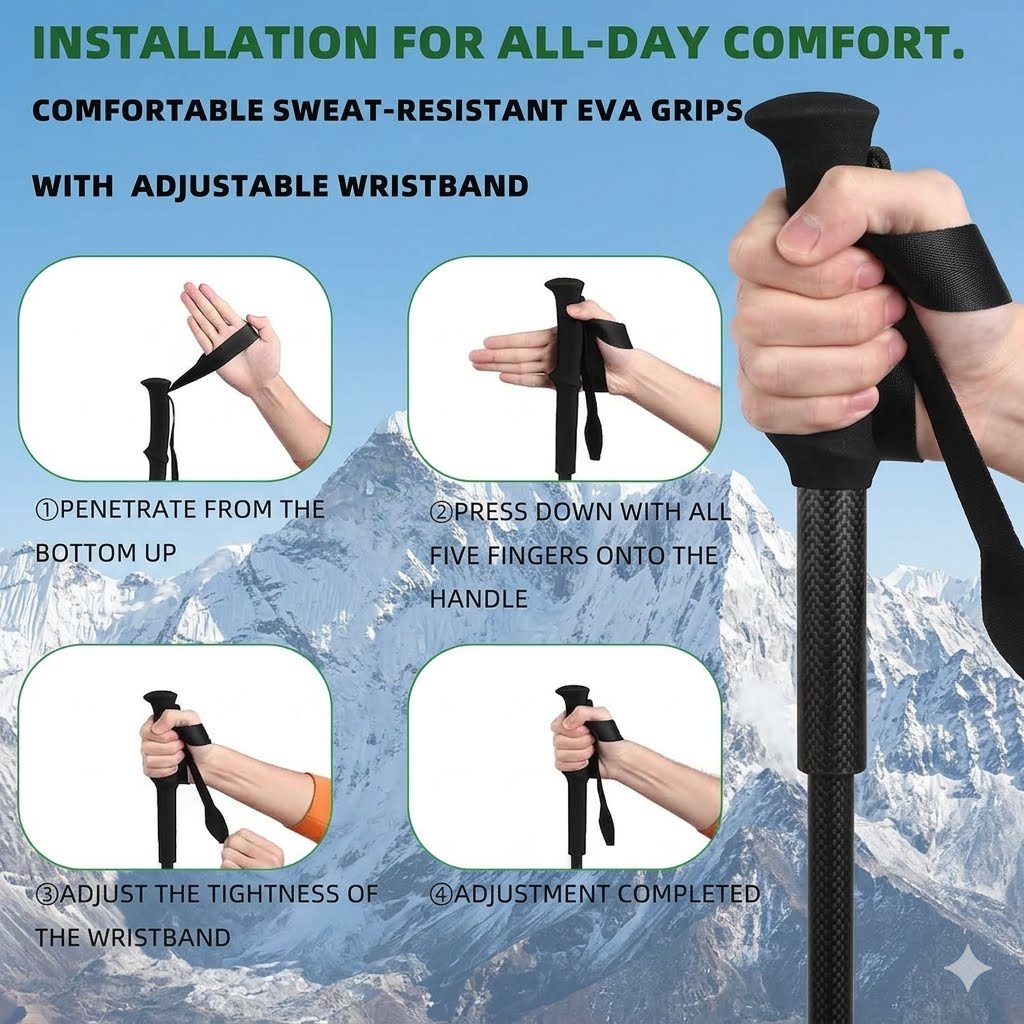 Instructional graphic showing how to install and adjust an Eva trekking pole grip on a snowy mountain background. The image includes a large close-up of a hand holding the black textured grip and wrist strap, plus four smaller inset diagrams with step-by-step instructions and text describing penetration, finger pressure, wristband adjustment, and completion.