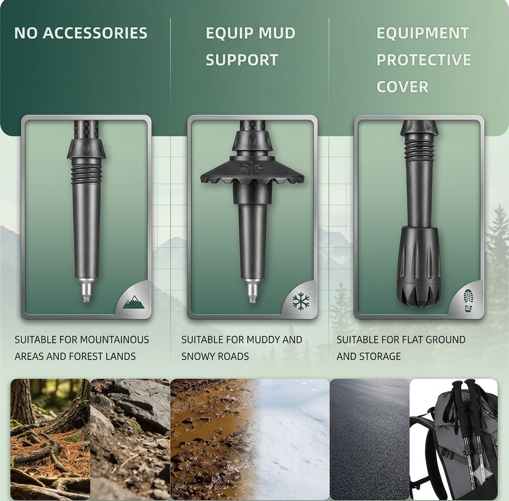 A promotional infographic for a black trekking pole tip system, showing three product variants labeled 'No Accessories,' 'Equip Mud Support,' and 'Equipment Protective Cover,' with landscape and ground-surface photos along the bottom.