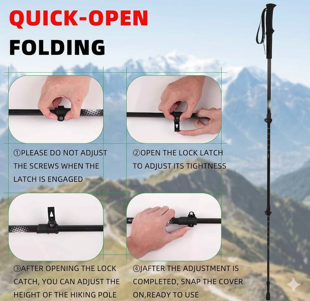 A hiking pole shown on the right against a mountain background, with instructional panels on the left demonstrating how to open and adjust the lock and pole height. Large text reads 'QUICK-OPEN FOLDING'.