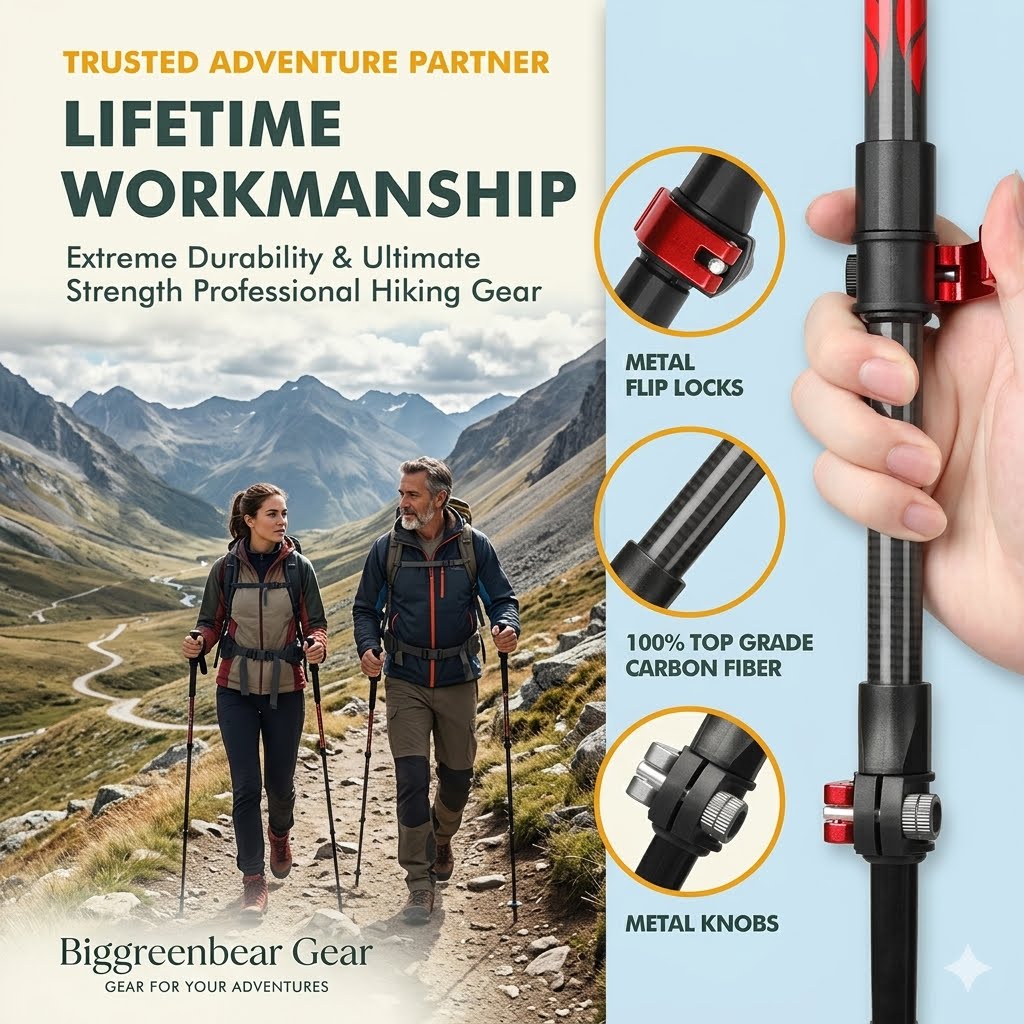 Promotional graphic for Biggreenbear Gear hiking poles, featuring a close-up of a hand holding a black and red carbon fiber pole on the right, and two hikers on a mountain trail on the left. Text highlights 'LIFETIME WORKMANSHIP', 'Extreme Durability & Ultimate Strength Professional Hiking Gear', and feature callouts for 'METAL FLIP LOCKS', '100% TOP GRADE CARBON FIBER', and 'METAL KNOBS'.