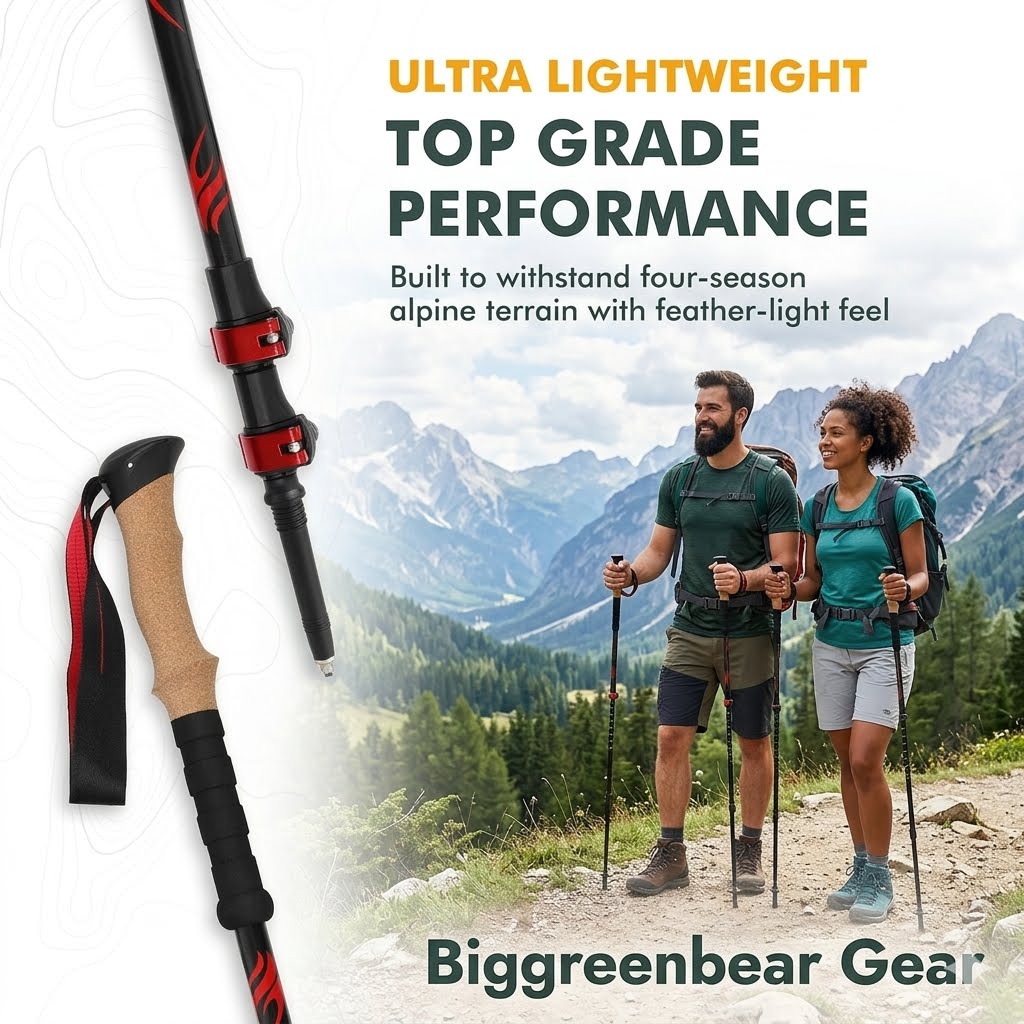Promotional graphic for Biggreenbear Gear hiking poles, showing close-up views of black poles with red accents and tan cork grips, alongside a scenic mountain trail photo of a couple using matching poles. Text reads 'ULTRA LIGHTWEIGHT TOP GRADE PERFORMANCE' and 'Biggreenbear Gear'.