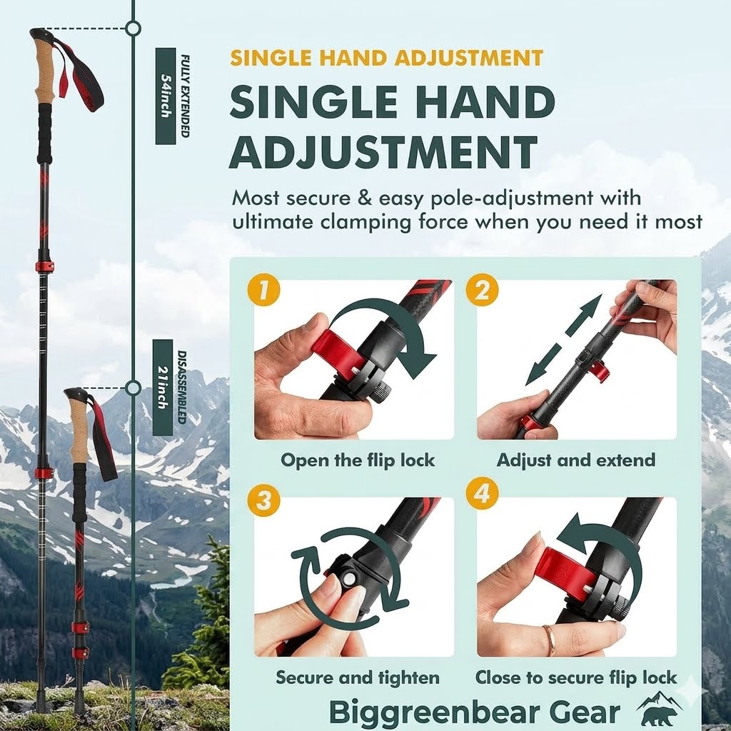An infographic for Biggreenbear Gear showing a single-handed pole adjustment feature, with side-by-side diagrams of a fully extended pole and a 3-step process (open flip lock, adjust and extend, secure and tighten, close to secure) using hands against a mountain background.