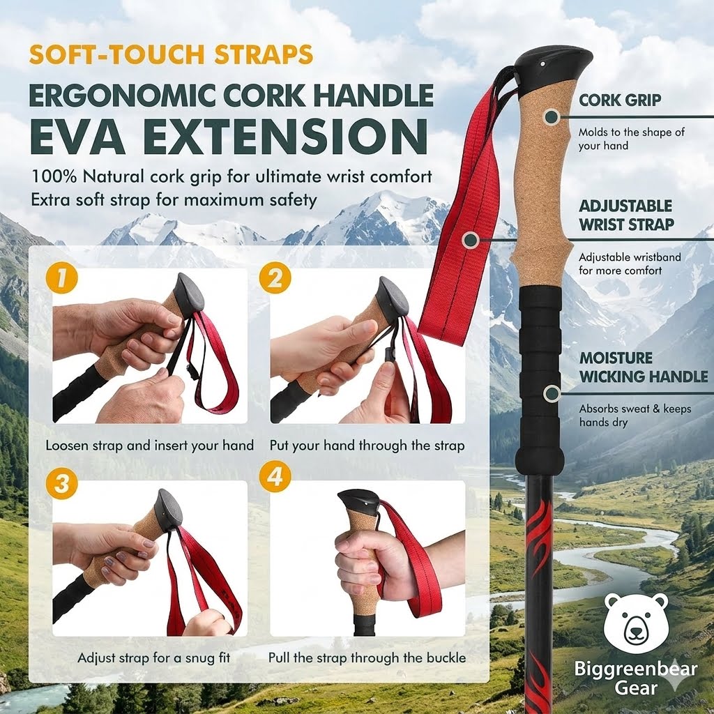 Ergonomic cork handle EVA extension strap for hiking poles, shown on a mountain background with text callouts and four step-by-step inset photos demonstrating how to adjust the soft-touch strap. The product includes a red strap, black buckle, tan cork grip, and black handle wrap on a pole.
