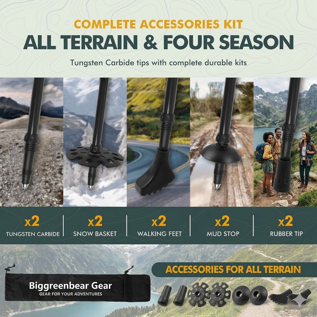 A promotional graphic for a Biggreenbear Gear complete accessories kit for all terrain and four seasons. The image features five panels showing different black trekking pole tips in use on mountains, snow, muddy trails, and with hikers, along with a black carrying bag and a row of included accessory tips at the bottom.