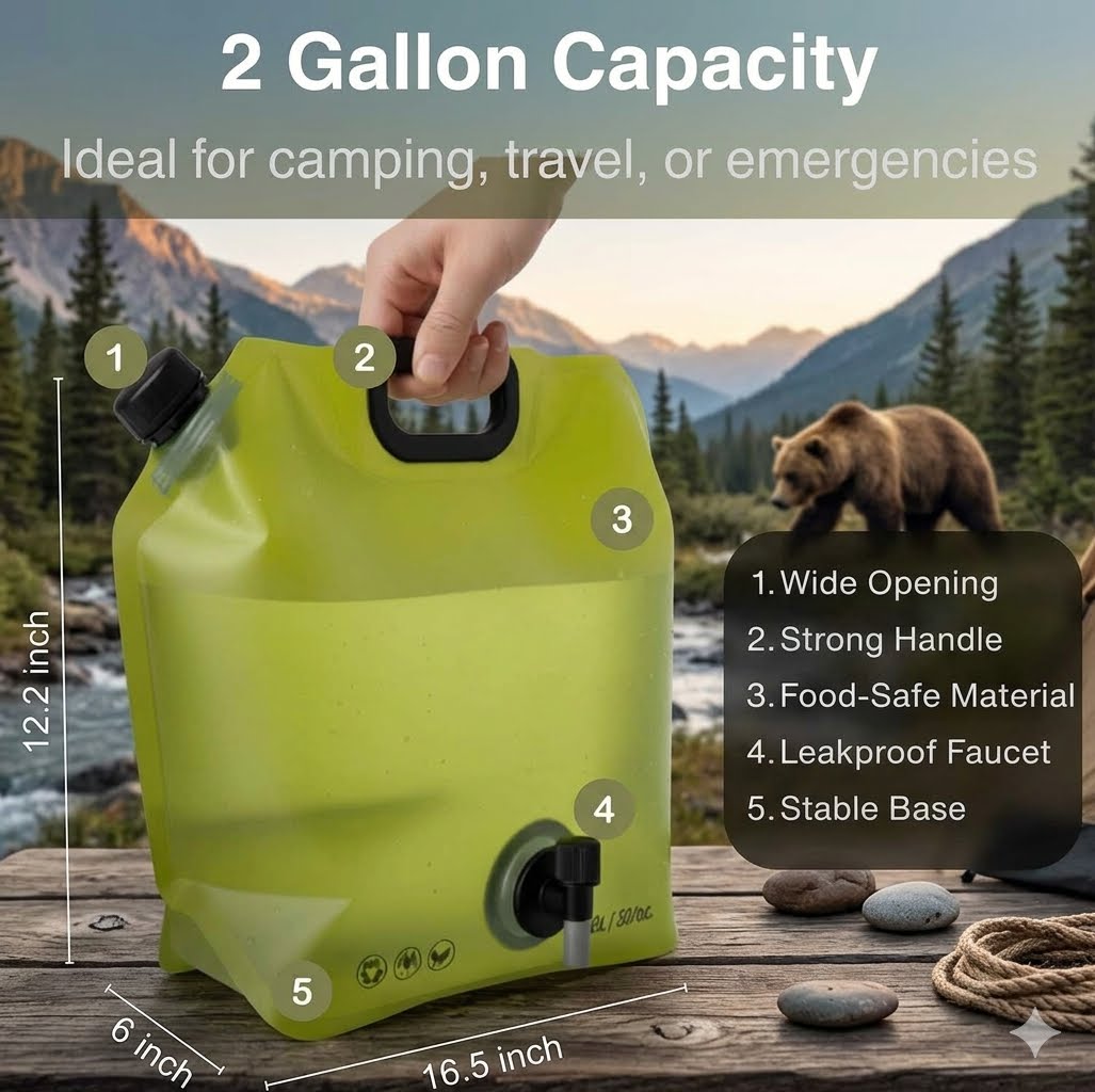 A bright yellow-green collapsible 2-gallon water container shown on a wooden surface with a mountain-and-bear outdoor backdrop. A hand is holding the handle, and overlaid text and dimension callouts explain capacity and measurements.