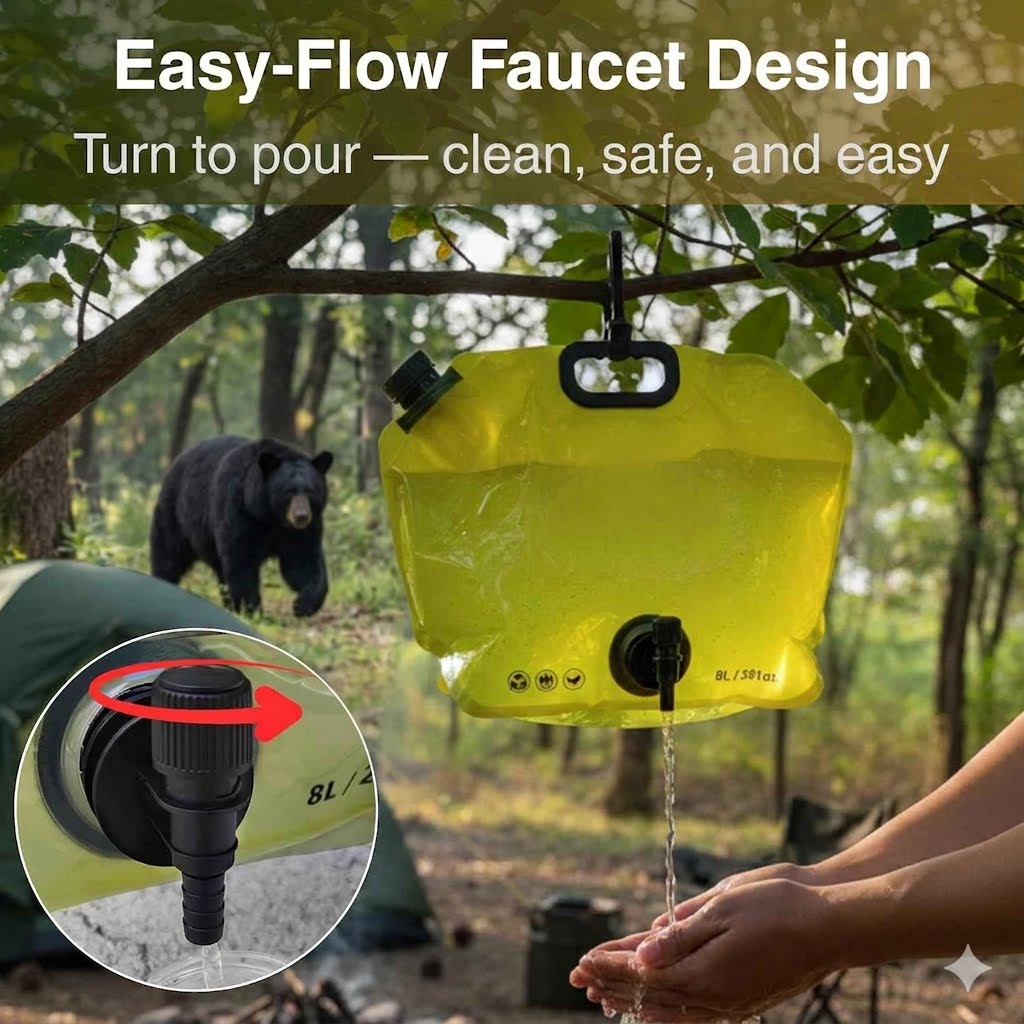 A bright yellow collapsible water bag hanging from a tree branch outdoors, with a person's hands catching water from the spout. Large text at the top reads 'Easy-Flow Faucet Design' and a circular inset shows the faucet spout detail.