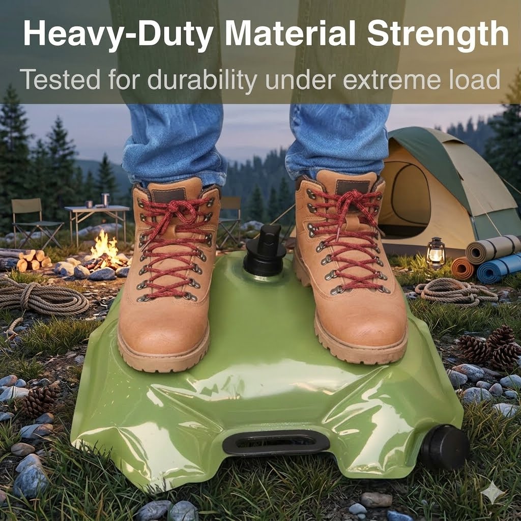 A green inflatable camping sleeping pad or mat shown outdoors at a campsite, with a person's legs and boots standing on it. Text at the top reads 'Heavy-Duty Material Strength' and 'Tested for durability under extreme load.