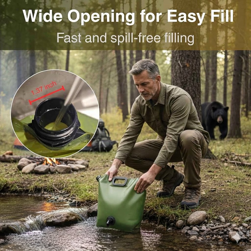 An outdoor camping scene shows a man kneeling by a stream and filling a green collapsible water container. A bear is visible in the forest background, and the image includes marketing text reading 'Wide Opening for Easy Fill' and a circular inset showing the wide opening detail.