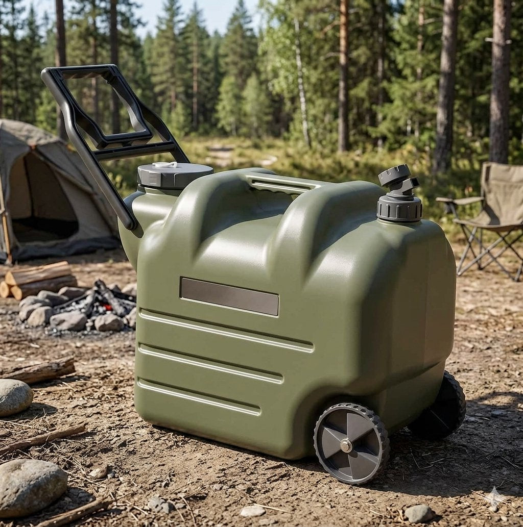An olive green portable fuel or water container with wheels, a handle, and a solar panel on the front, set in an outdoor campsite environment with a tent and forest in the background.