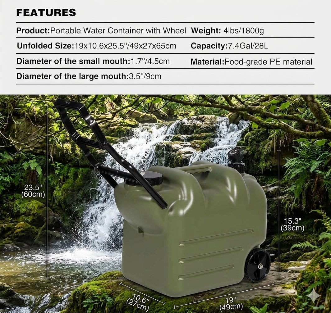 An olive green portable water container with a wheel and black handles is shown in front of a waterfall and forest scene. The top of the image contains a features table with dimensions, weight, capacity, and material details.