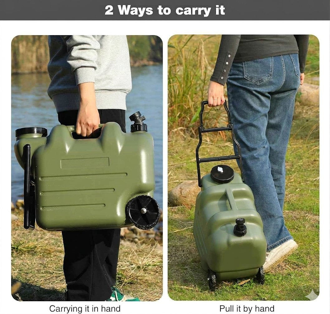 A split comparison showing an olive green portable fuel canister in two carrying styles: on the left, carried in hand near water, and on the right, pulled by a person outdoors on grass. The top banner reads '2 Ways to carry it' with captions below each panel.