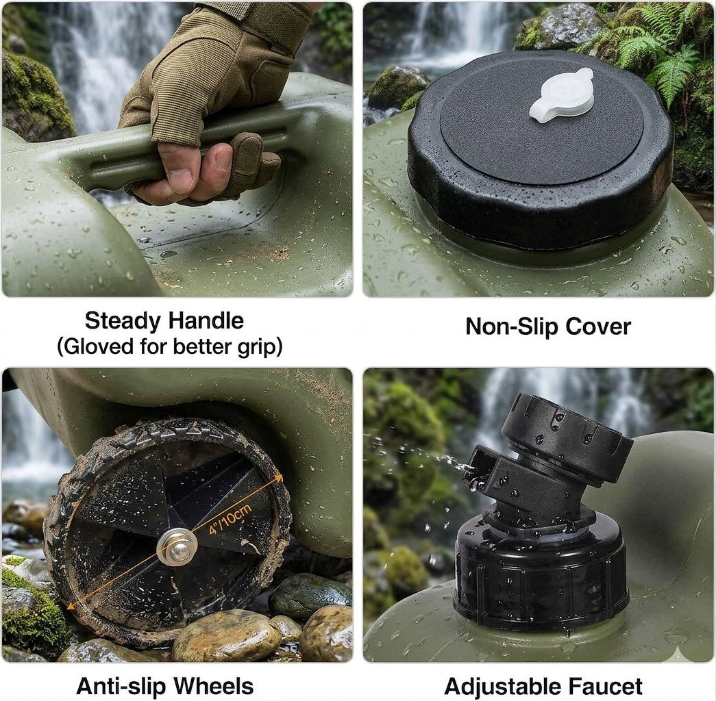 A four-panel product feature collage for an olive green military-style jerry can with a black cap and black wheels. The top-left panel shows a gloved hand holding the handle in front of a waterfall, labeled 'Steady Handle (Gloved for better grip)'.