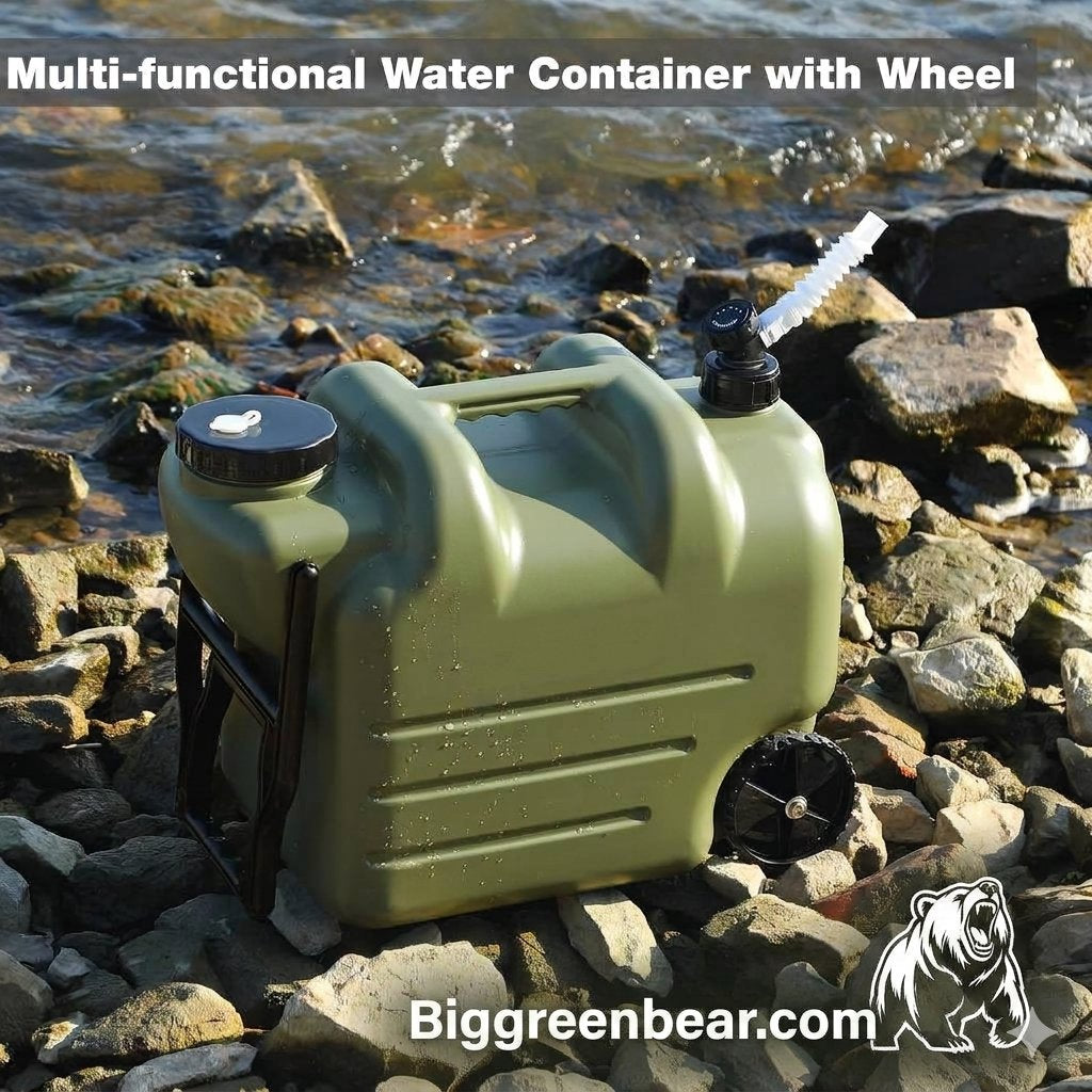 An olive green multi-functional water container with a wheel and carrying handle, shown on a rocky shoreline with water in the background. Text overlays read 'Multi-functional Water Container with Wheel' and 'Biggreenbear.