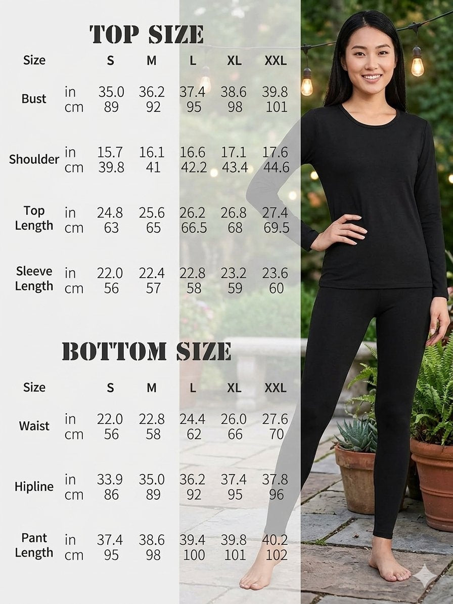 A size chart graphic for a women's black two-piece lounge set, showing measurements for top and bottom sizes S through XXL. A woman modeling the black long-sleeve top and matching leggings stands on the right against an outdoor patio background with plants and string lights.