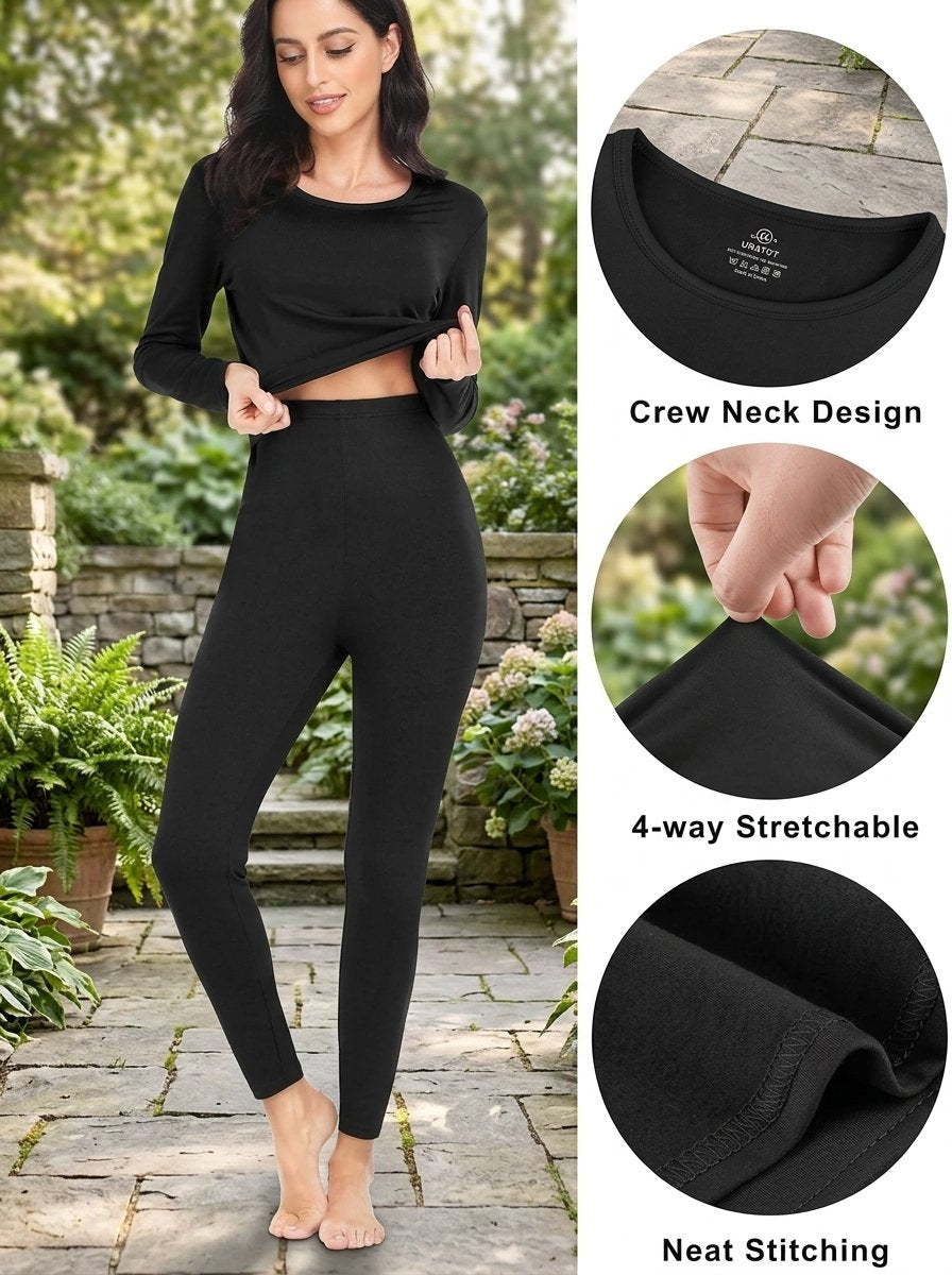 A woman modeling a black long-sleeve crop top and matching high-waisted leggings on a stone patio, with three circular inset detail shots showing the crew neck interior, stretch fabric, and neat stitching.