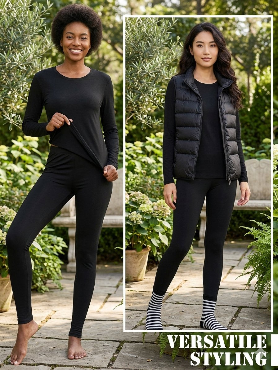 Two women modeling black activewear and outerwear in an outdoor garden setting. The left model wears a black long-sleeve top and black leggings, while the right model wears a black puffer vest over a black top and black leggings.