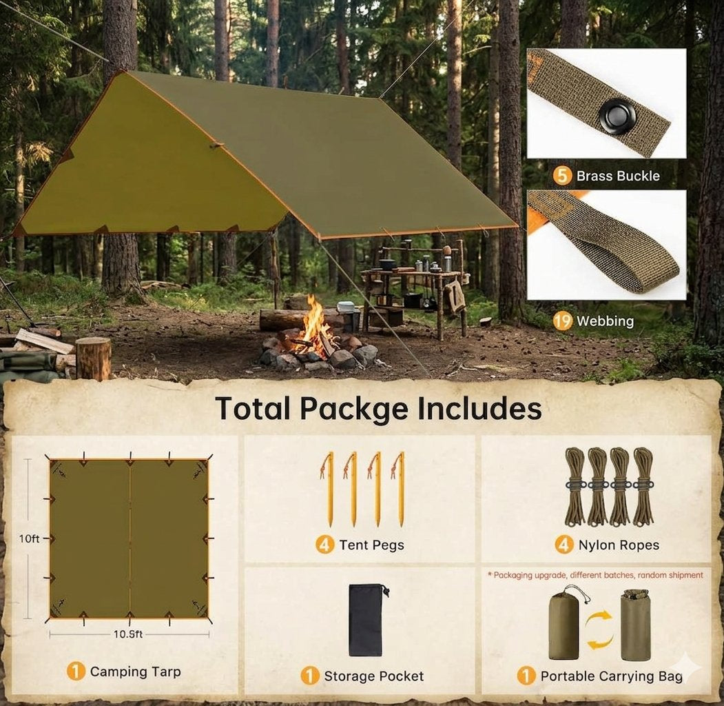 An olive green camping tarp shelter shown pitched over a small campfire in a forest, with inset detail photos of a brass buckle, webbing, and tent parts, plus a bottom panel listing included items such as tent pegs, nylon ropes, a storage pocket, and a portable carrying bag.