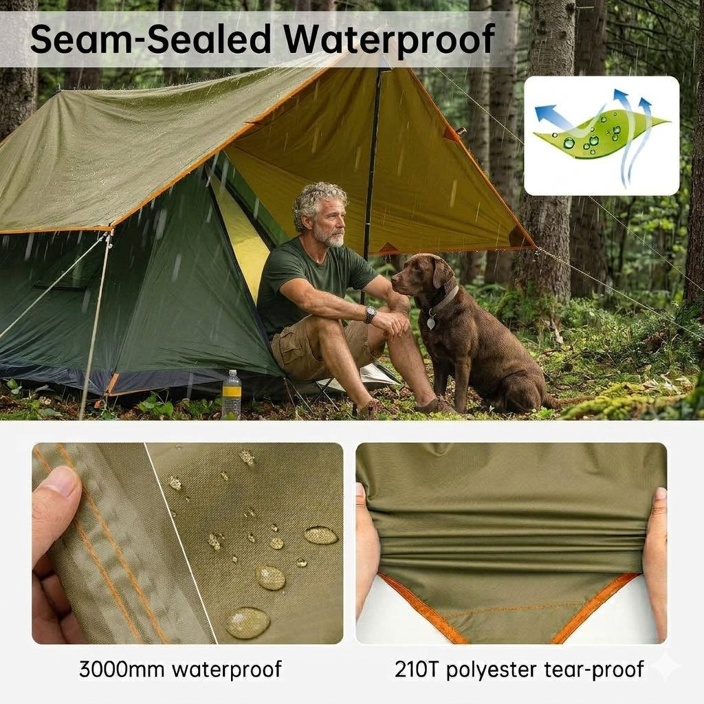 An olive green and yellow camping tent shown in a forest with a man and a dog, with text reading 'Seam-Sealed Waterproof' and two inset close-ups showing water droplets on the fabric and tear resistance.