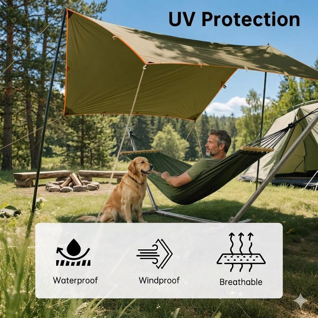 An outdoor camping scene shows a man relaxing in a green hammock under a large olive green UV protection canopy, with a golden dog beside him. Trees, grass, and another tent are visible in the background.