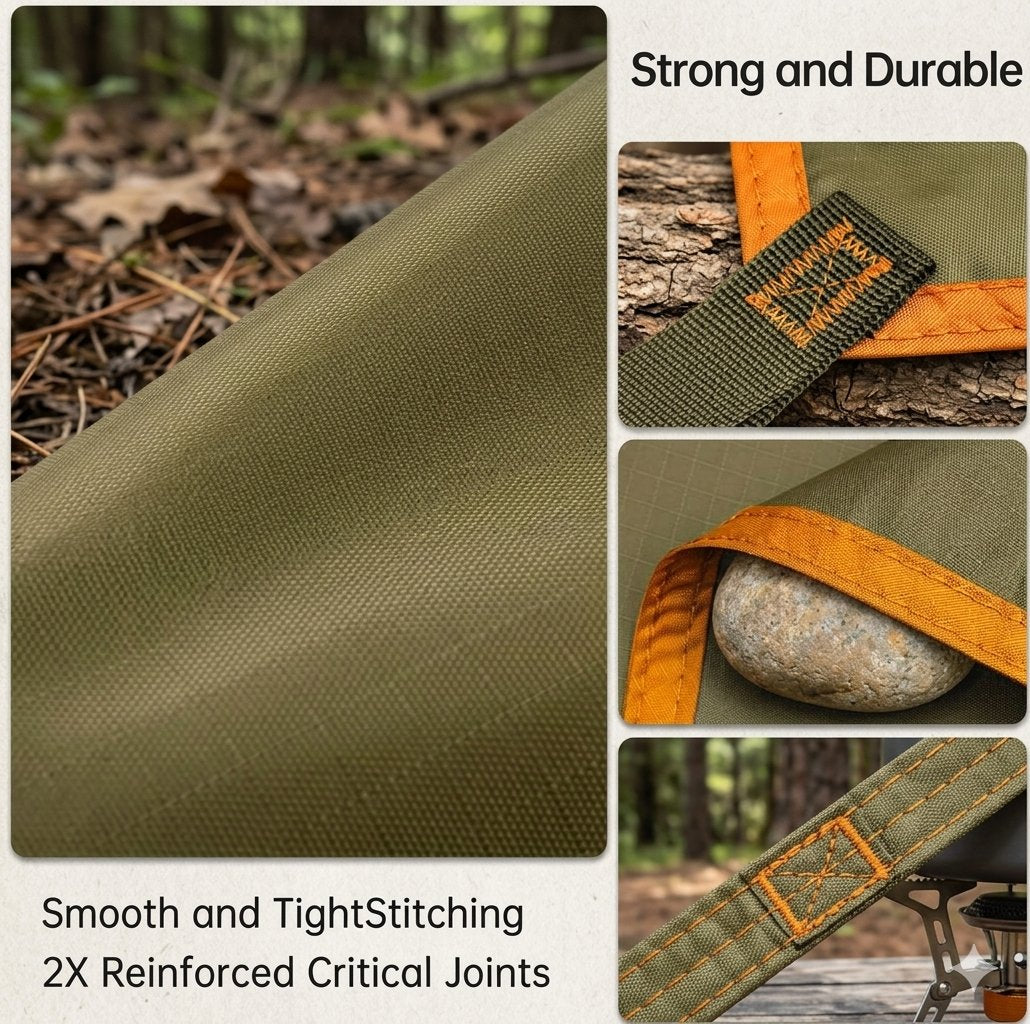 An olive green camping hammock shown in a forest setting, with close-up detail shots highlighting its orange-brown webbing straps and reinforced stitching. Text overlays describe the product features.