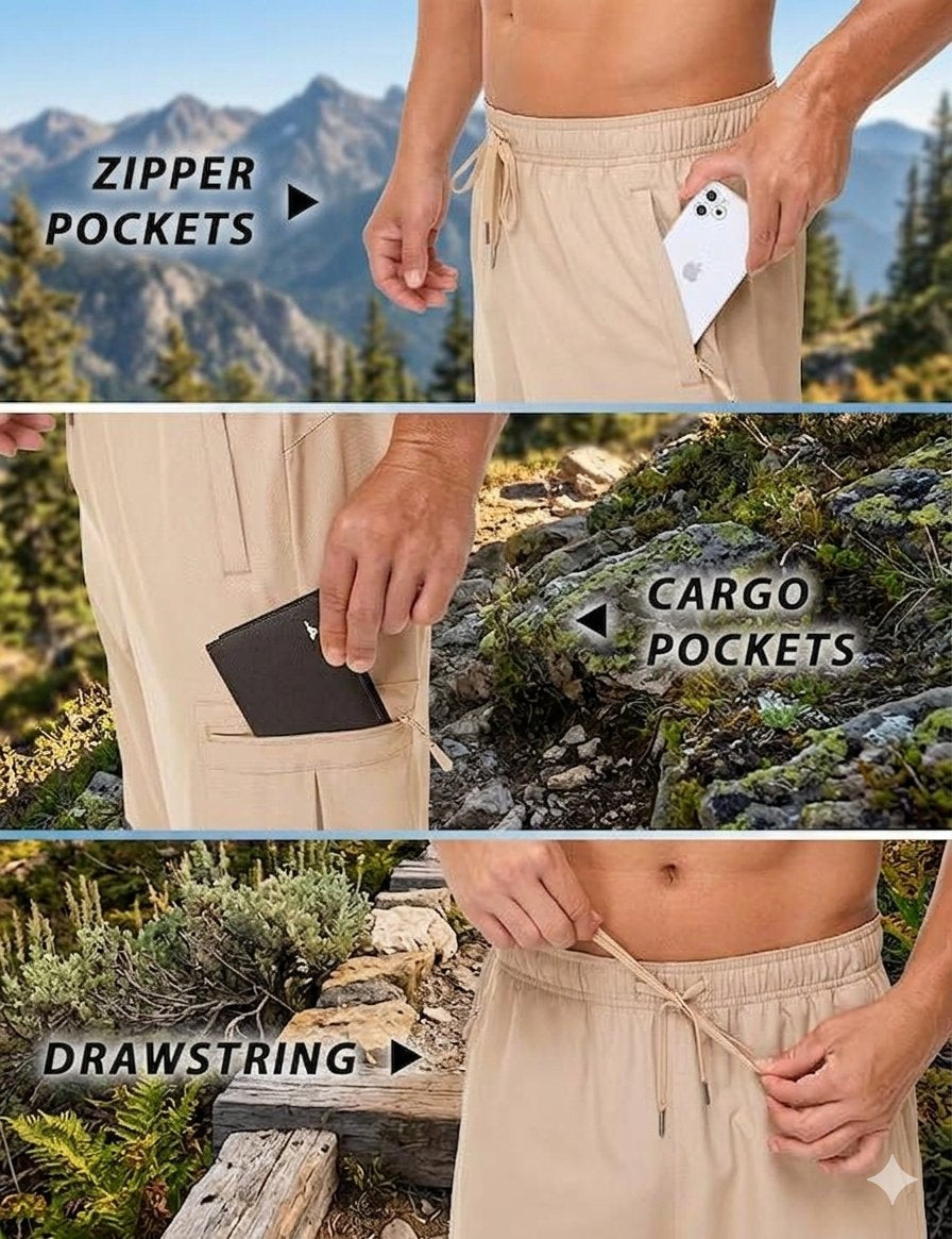 Three-panel outdoor demonstration of beige drawstring cargo shorts with labeled features: zipper pockets, cargo pockets, and drawstring waist. A person is partially visible in mountain and rocky outdoor settings, inserting a phone into the pocket and adjusting the drawstring.