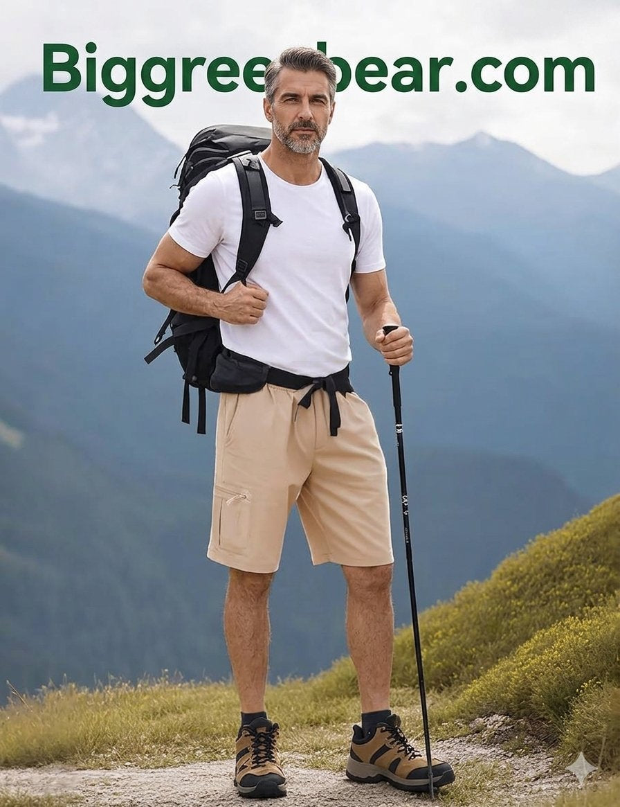A man hiking in a mountain landscape, wearing a white t-shirt, beige shorts, brown hiking boots, a black backpack, and holding a trekking pole. The text 'Biggreen bear.