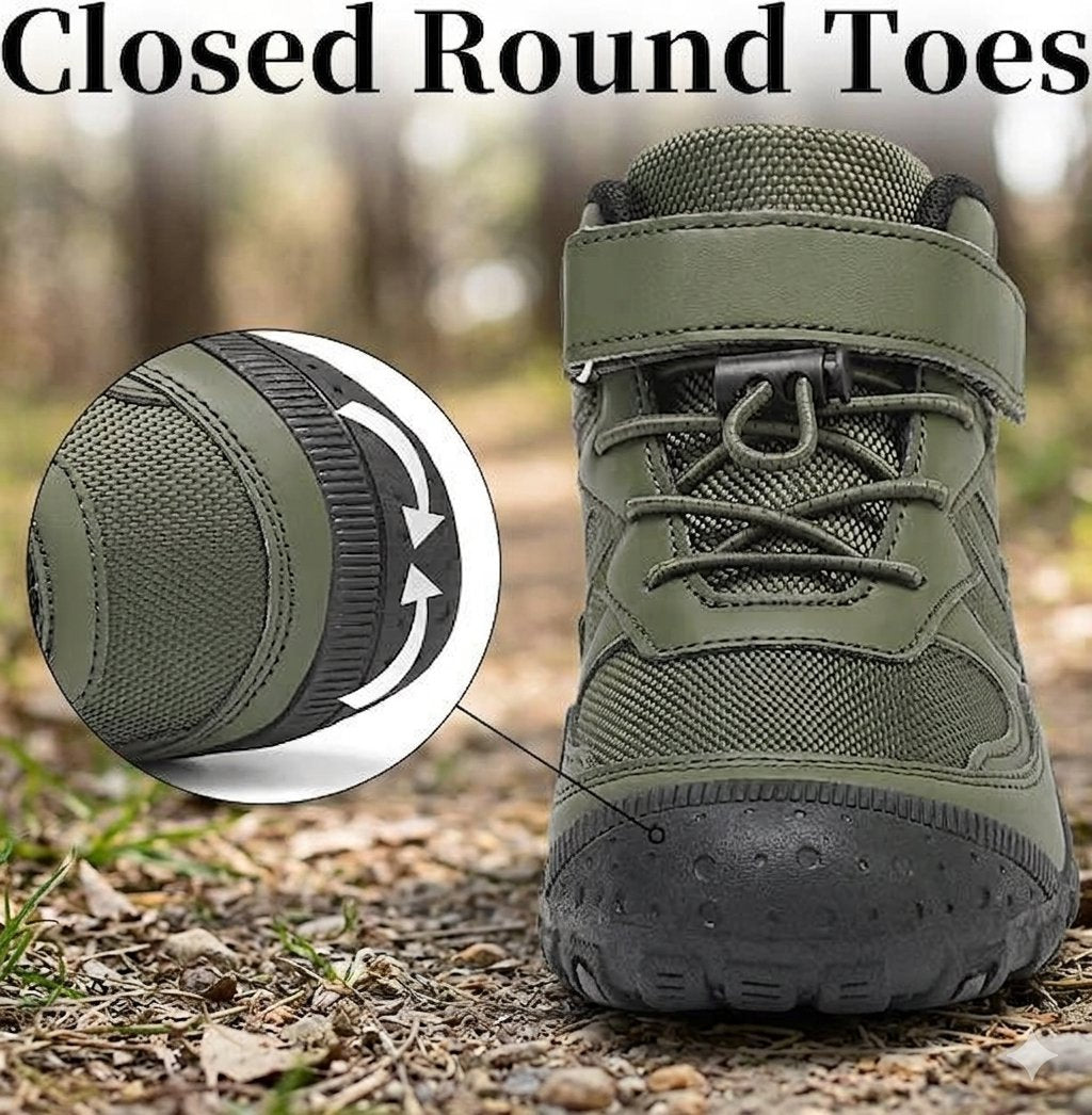 An olive green tactical-style boot with a hook-and-loop strap and laces, shown outdoors on a forest path. A circular inset highlights the closed toe mechanism with arrows and the text 'Closed Round Toes' at the top.