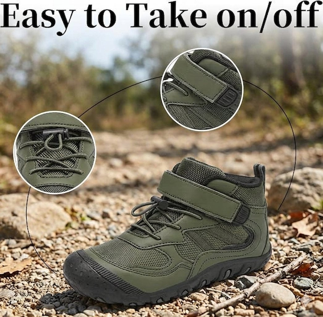 An olive green outdoor boot shown on a gravel path with two circular inset close-ups highlighting the laces and hook-and-loop strap closure, under the text 'Easy to Take on/off'.