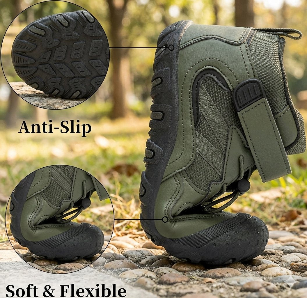 An olive green and black outdoor boot shown on a stone path with blurred trees in the background, featuring two circular inset close-ups labeled 'Anti-Slip' and 'Soft & Flexible' pointing to the sole and heel details.