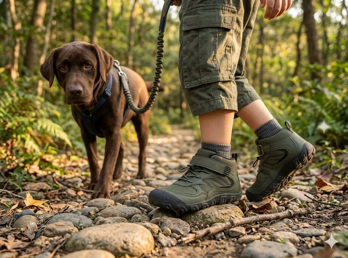 A person wearing olive green hiking boots and cargo shorts walks on a rocky forest path with a brown dog on a leash.