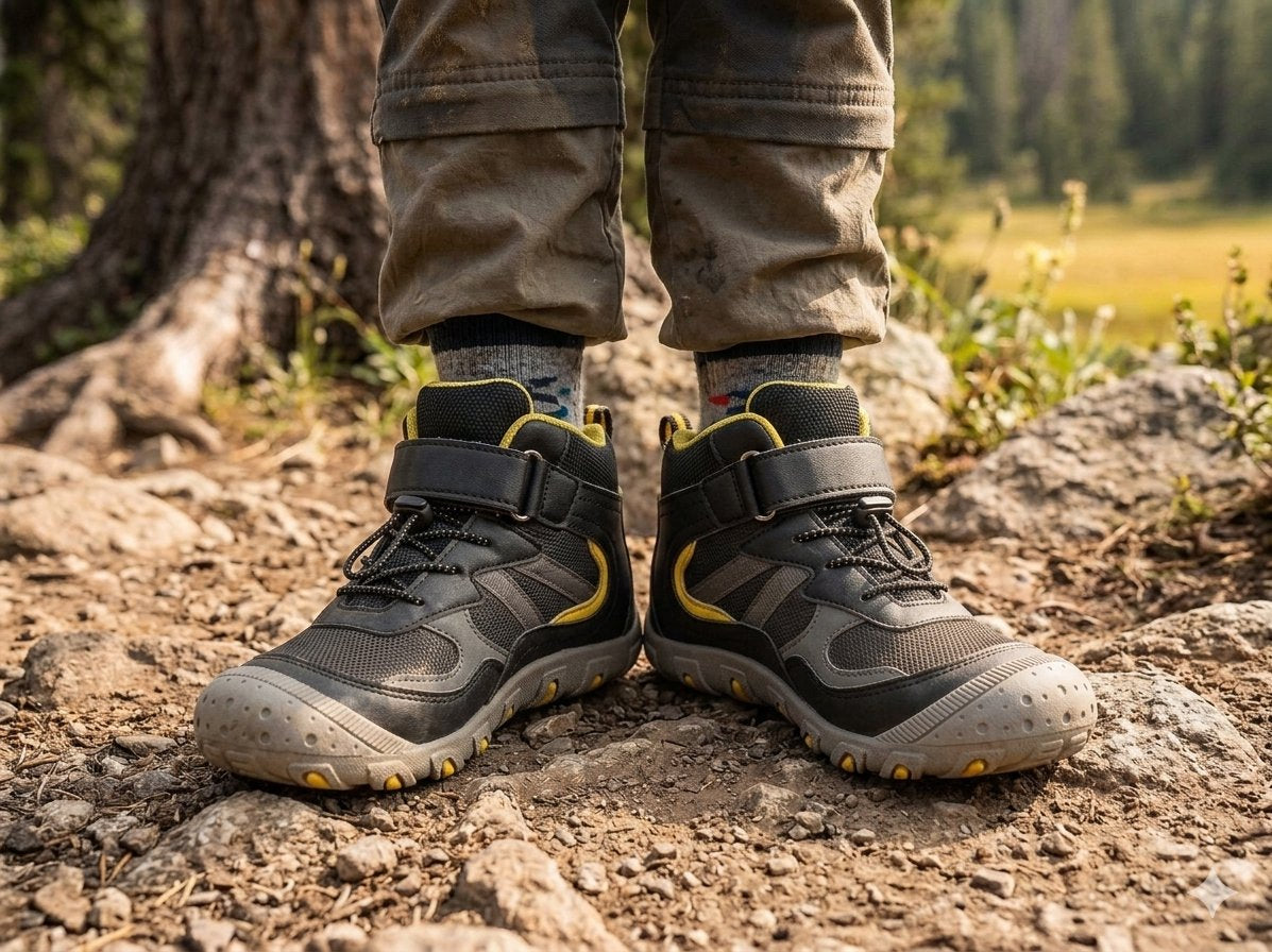 A close-up of a person wearing a pair of black and gray hiking boots with yellow accents, standing on a rocky dirt trail in an outdoor forest setting.