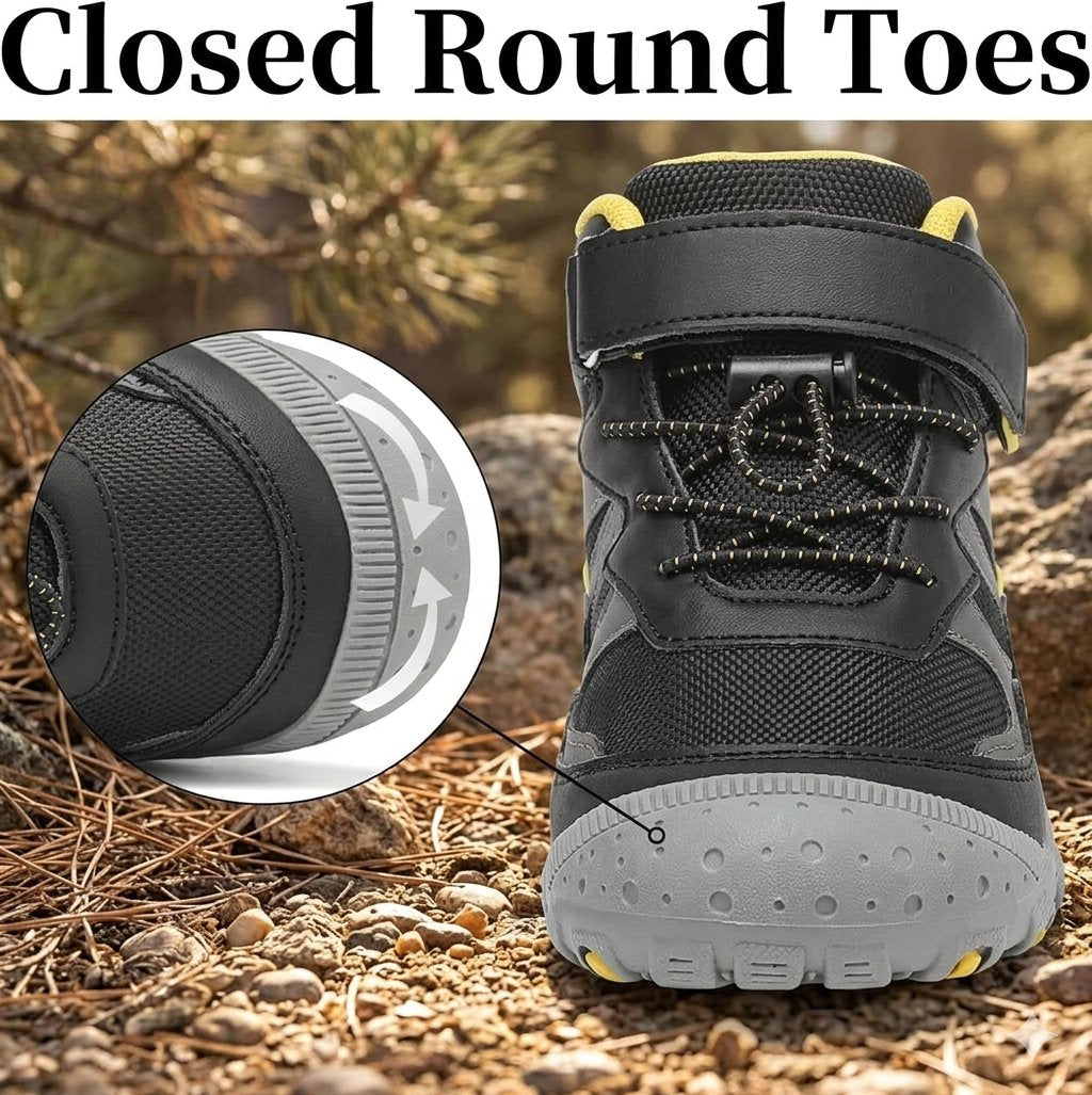 A black and gray closed-toe hiking boot with yellow accents, shown outdoors on rocks and pine needles, with a circular inset highlighting the closed toe design and the text 'Closed Round Toes' at the top.