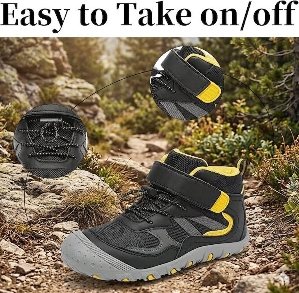 A black and gray high-top outdoor shoe with bright yellow accents, shown on a rocky trail with a blurred natural background. Two floating inset circles highlight detachable strap components, and the text 'Easy to Take on/off' appears across the top.