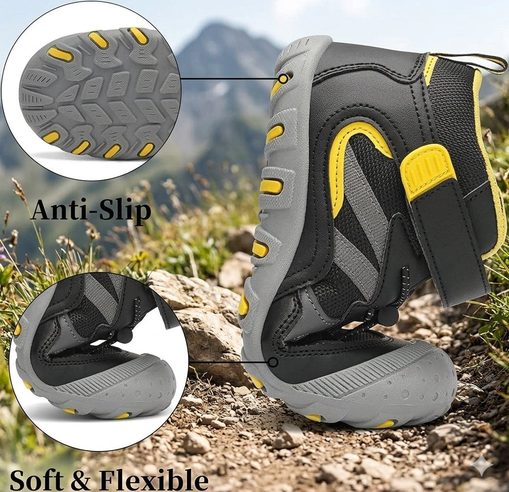 A black and gray outdoor hiking boot with yellow accents, shown on a rocky mountain path with two circular inset detail views highlighting the anti-slip sole and flexible sole material. Text overlays read 'Anti-Slip' and 'Soft & Flexible'.