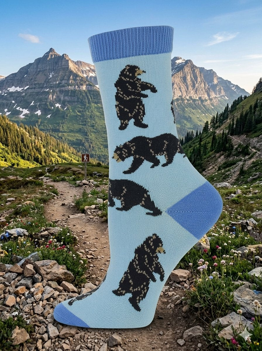 A single light blue crew sock with black bear illustrations and blue toe/cuff/heel accents, photographed outdoors on a mountain trail with peaks and greenery in the background.