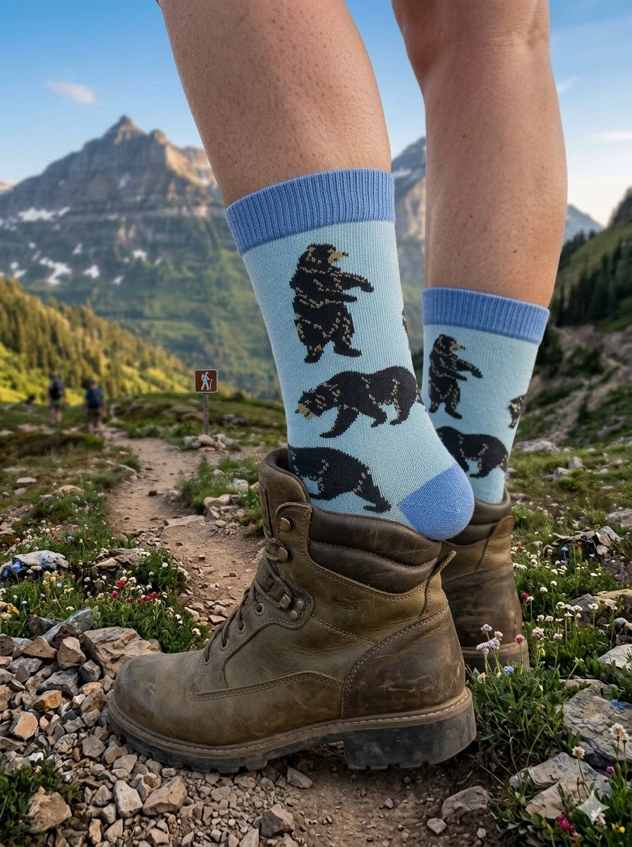 A person hiking on a mountain trail wearing light blue crew socks with black bear illustrations and brown leather boots, with a mountain landscape in the background.