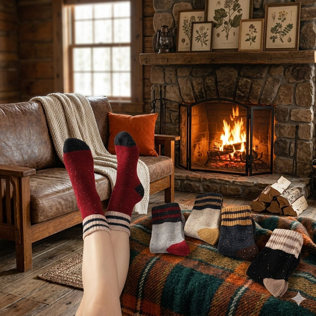A cozy indoor scene with a person's legs crossed over a plaid blanket in front of a fireplace, wearing red knit socks with black and white stripes. Several other socks are arranged on the blanket and floor nearby, with a leather sofa, throw blanket, wood stove, and framed botanical prints in the background.
