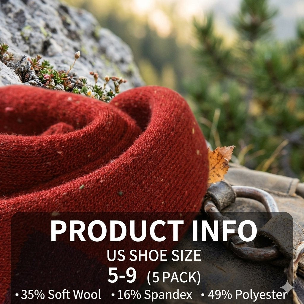 A close-up of a folded red knit bootie or shoe shown outdoors on a rock with blurred trees in the background. Large text overlay reads 'PRODUCT INFO US SHOE SIZE 5-9 (5 PACK)' with material details below.
