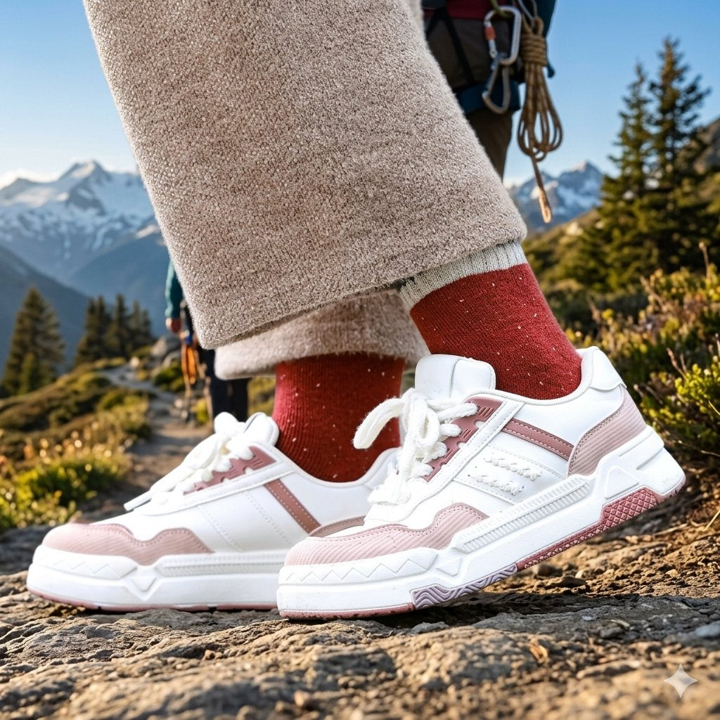 A close-up of a person hiking outdoors wearing white and dusty pink sneakers with red socks, standing on a rocky mountain path with pine trees and snow-capped peaks in the background.