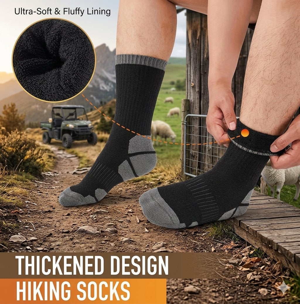 A person outdoors on a hiking trail wearing black and gray hiking socks, with a circular inset showing the thick black plush lining. Text overlays read 'Ultra-Soft & Fluffy Lining' and 'THICKENED DESIGN HIKING SOCKS'.