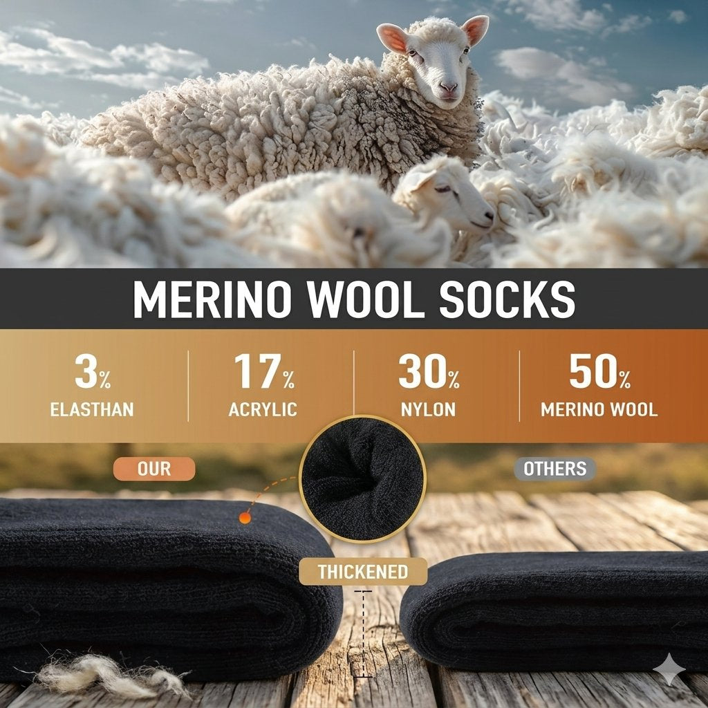 Merino wool socks comparison graphic showing black thickened merino wool socks on a wooden surface, with a sheep field background and text detailing the composition: 3% elasthan, 17% acrylic, 30% nylon, and 50% merino wool.