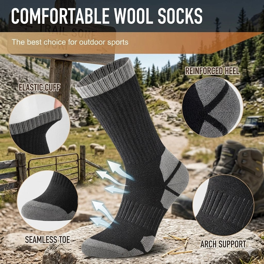 A pair of dark gray and black wool socks shown on a rocky outdoor path with feature callouts including elastic cuff, reinforced heel, seamless toe, and arch support. The image includes marketing text at the top and circular inset detail views.