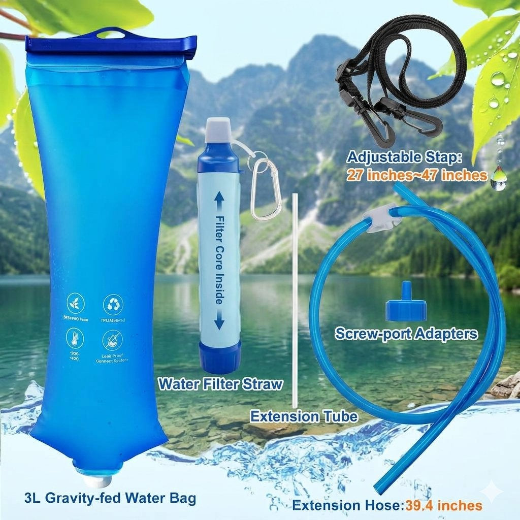 Blue 3L gravity-fed water bag set with an adjustable strap, blue filter straw, extension tube, and screw-port adapters, shown over a scenic mountain-and-water background with product labels.