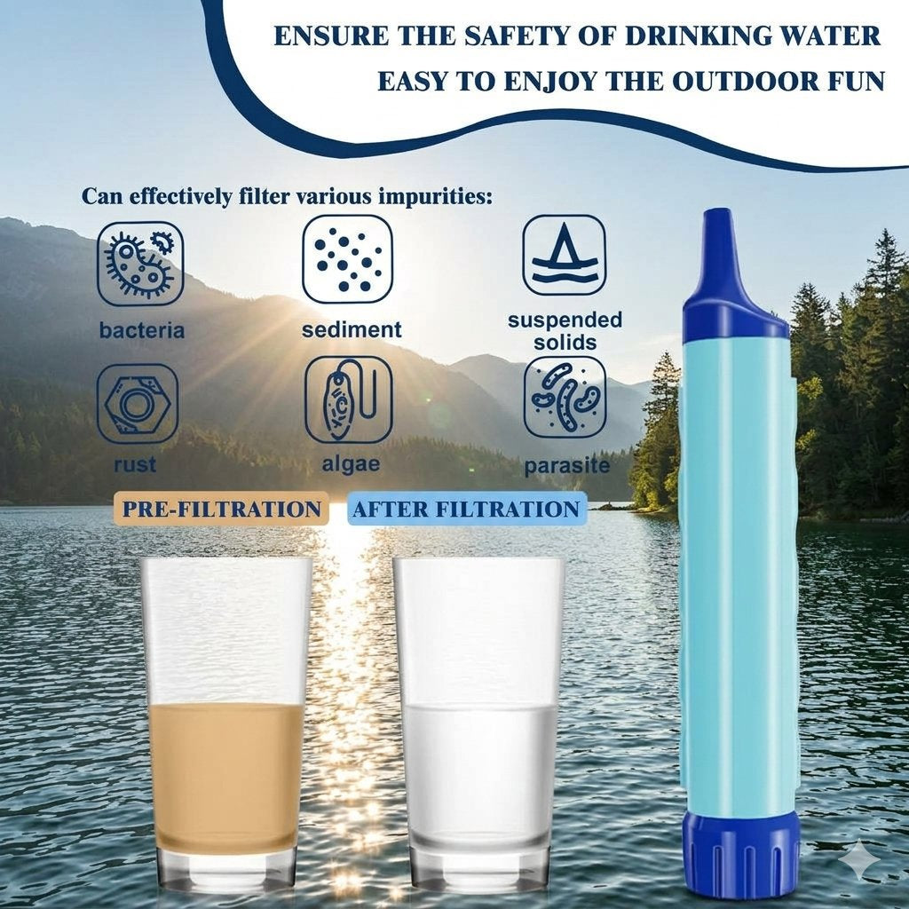 A portable water filter straw shown next to two glasses of water labeled pre-filtration and after filtration, set against a scenic mountain lake background with text explaining impurity filtration.