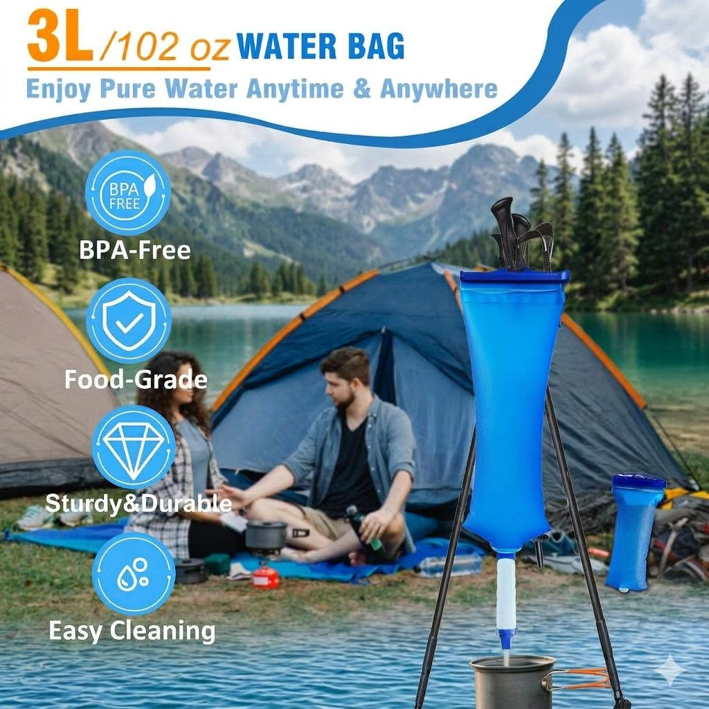 A blue 3L/102 oz water bag shown in a camping scene with a lake, mountains, and a tent in the background, alongside marketing text and feature icons including BPA-Free, Food-Grade, Sturdy & Durable, and Easy Cleaning.
