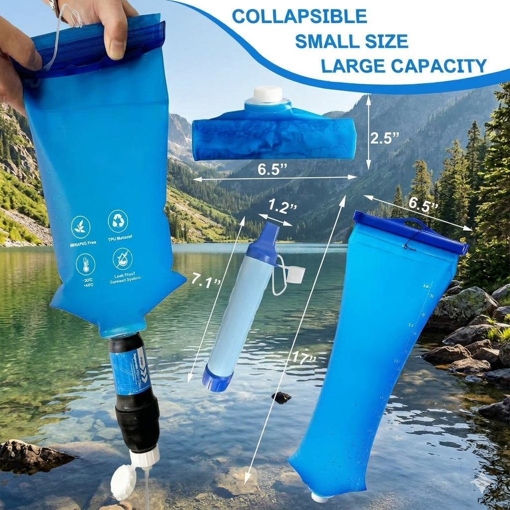 Blue collapsible water bladder shown in a mountain lake setting with overlaid dimension labels and text reading 'COLLAPSIBLE SMALL SIZE LARGE CAPACITY.' A hand is holding one bladder, and the image includes multiple views and measurement arrows.
