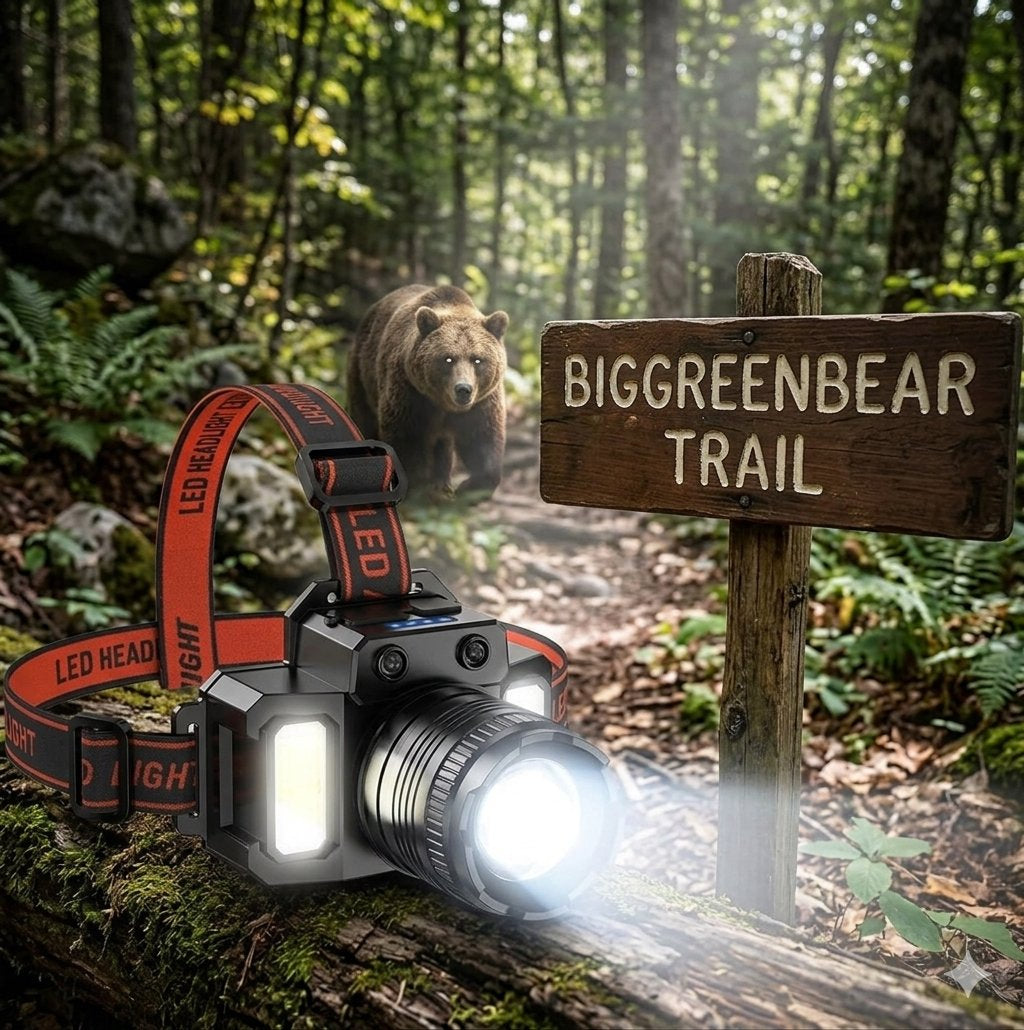 A tactical LED headlamp with a bright flashlight and dual front light panels, resting on a mossy log in a forest. The headlamp has an orange and black adjustable strap with 'LED HEADLIGHT' printed on it. big green bear biggreenbear.com