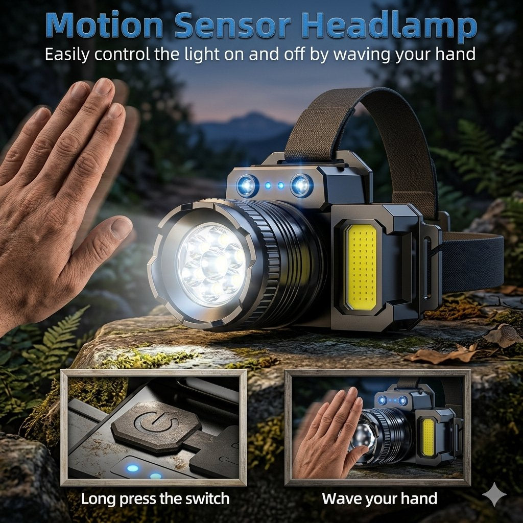 A motion sensor headlamp with a built-in head strap, shown outdoors on a rock with a hand waving near it to demonstrate the touch-sensitive light control. The image includes marketing text at the top and two inset demonstration panels at the bottom showing how to long-press the switch and wave the hand.